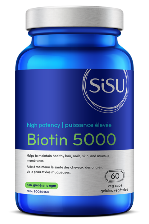 Blue bottle of Sisu Biotin Capsules 5000mcg