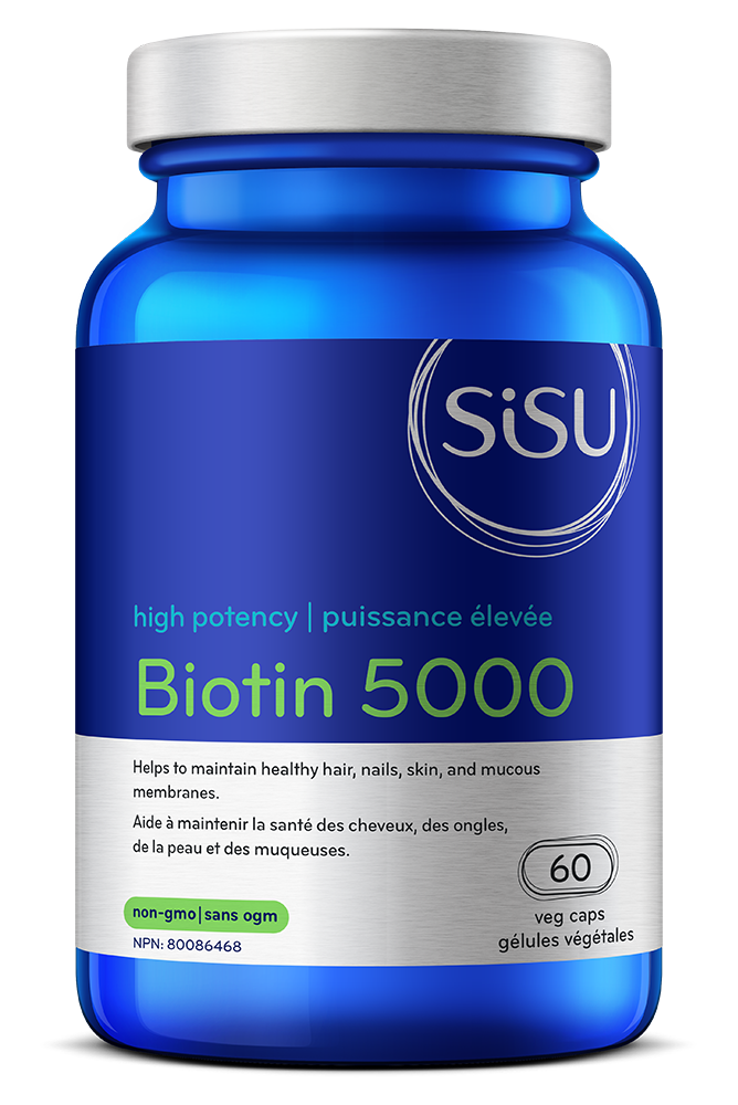 Blue bottle of Sisu Biotin Capsules 5000mcg